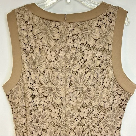 Calvin Klein Sleeveless Sheath Dress Size 14 Ruched Stretch Floral Lace Taupe - Picture 5 of 14